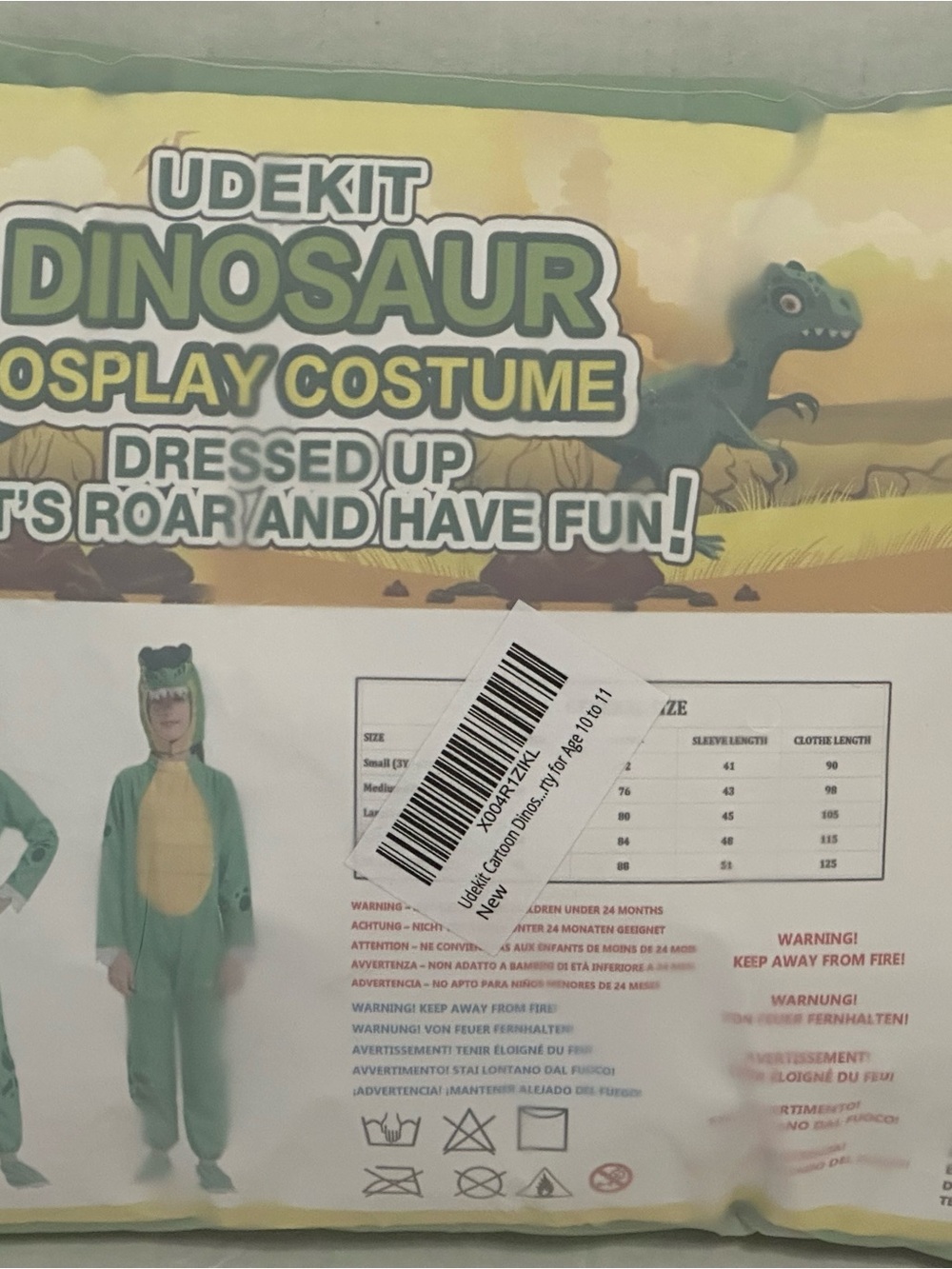 Udekit Dinosaur Cosplay Costume Kids Age 10-11 Green Hooded Halloween New